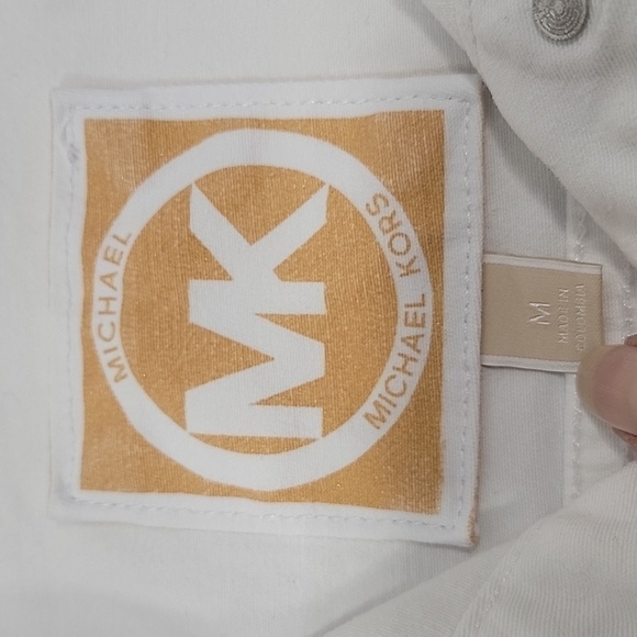 Michael Michael Kors Size M White Denim Jacket, Gold Tone Buttons, Frayed Hem - Picture 6 of 11